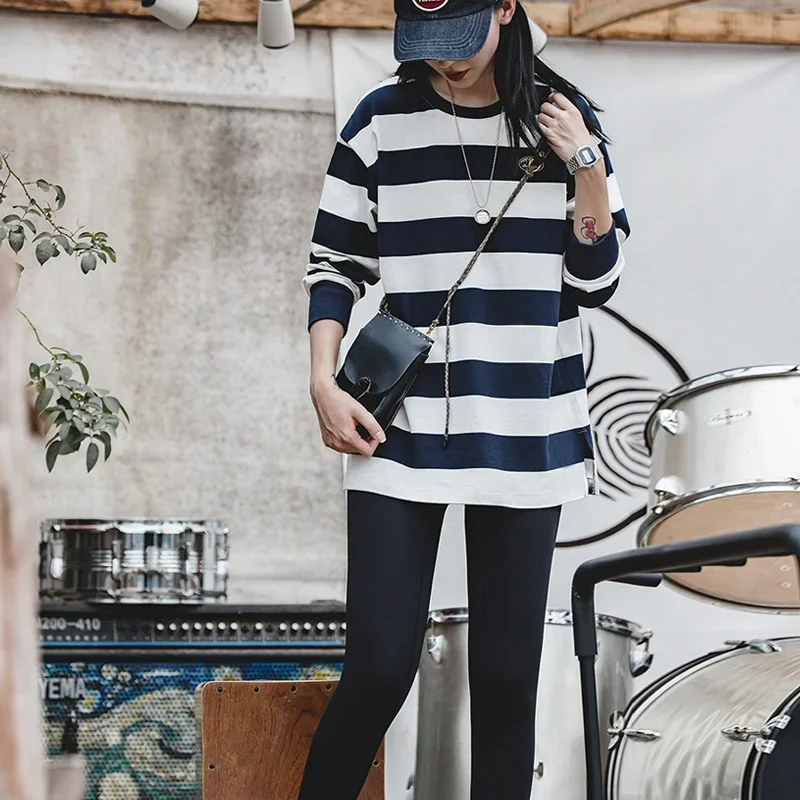 Maden Stripe Long Sleeve T-Shirts For Women Vintage Oversize Pullovers 100% Cotton Plus Size 320g High Quality Tees 2022 Autumn