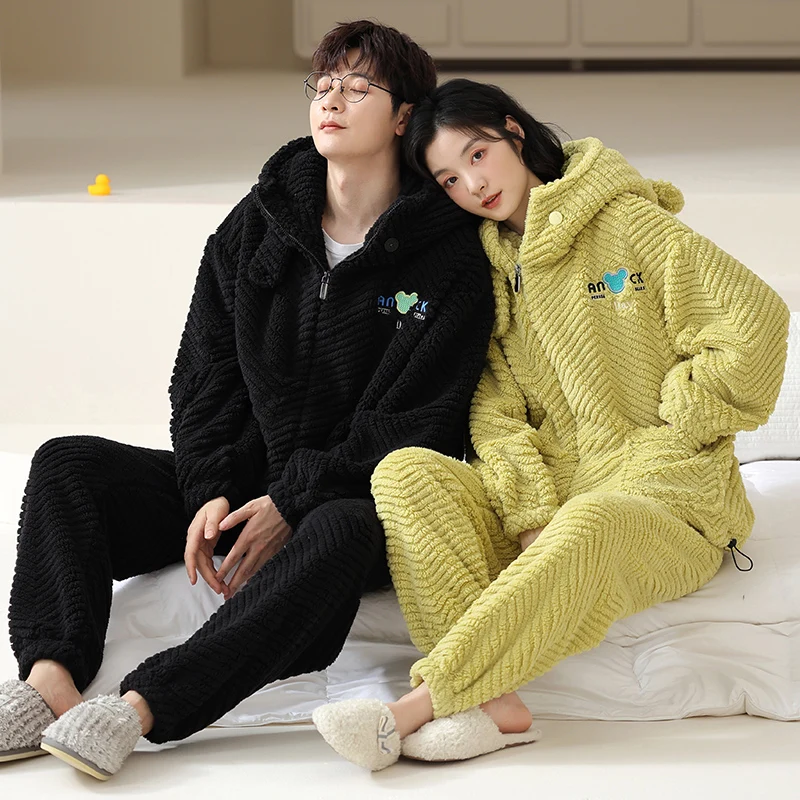 Winter Warm Thick Plush Couple Cute Hooded Cardigan Zipper Home Clothing Loose and Comfortable Men's and Women's Pajamas