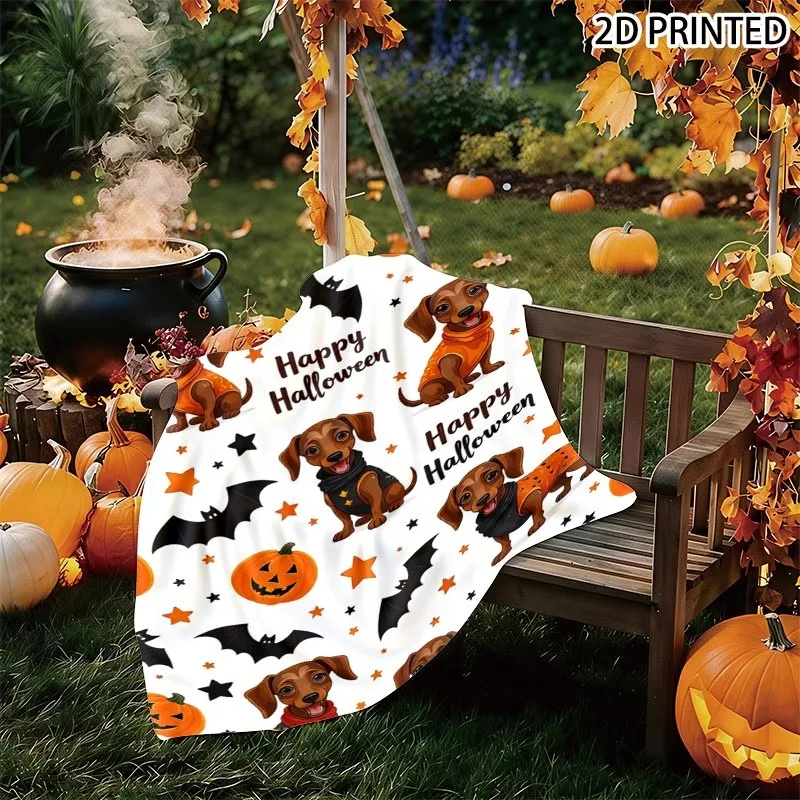 Halloween Dachshund And Jack-O'-Lantern Print Throw Blanket, Festive Fall Decor with Playful Bats And Star Details, Soft Cozy Sm