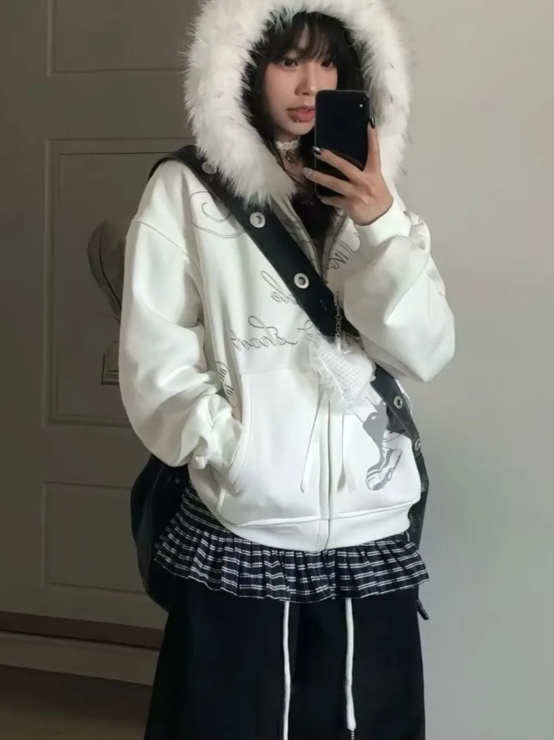 

Американская толстовка с капюшоном и логотипом, женская осенне-зимняя куртка с буквенным принтом, свободная, омолаживающая, для пар, с меховым воротником