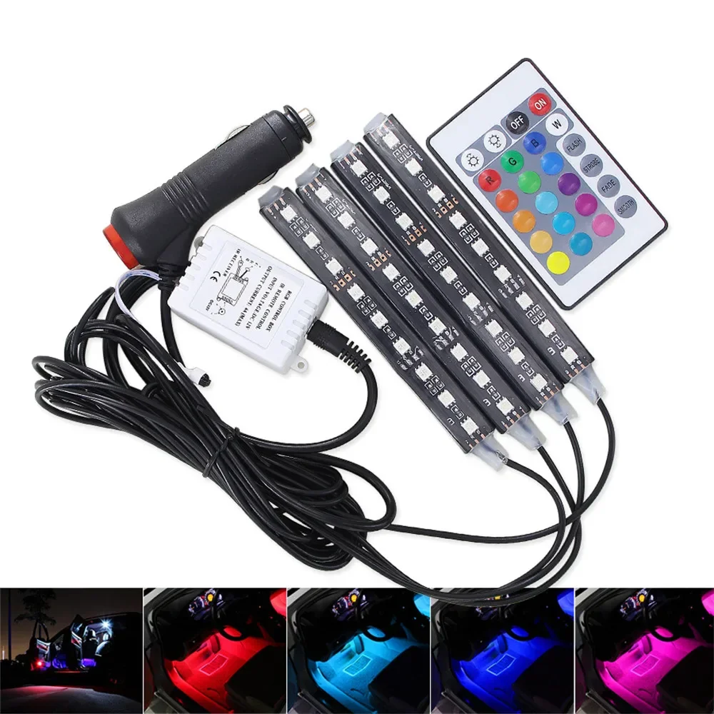 4PCS Car RGB USB 36 LED Light Strip Interior Atmosphere Neon Lamp Remote Control Car Inside Atmosphere Lamp Foot Lamp Decor Car