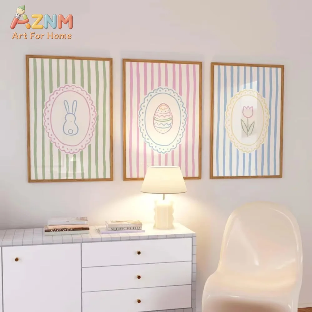 AZNM Easter Bunny Egg Tulip Canvas Wall Art Frameless Print, Pastel Striped Hand Drawn Poster, Cute Nursery Spring Home Decor Pi