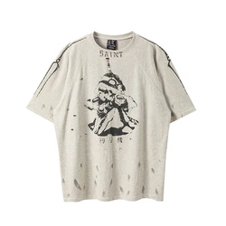 Vintage Japanese Streetwear 24ss Anime High-quality Printed Washed Short Sleeved High Street Casual Loose Pure Cotton T-shirt