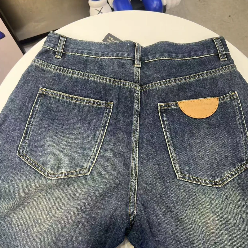 25ss azul escuro neutro all-match goodbrand jeans de perna reta flor bordado estilo unissex casual bom calças