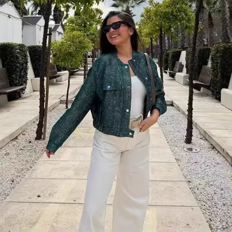 Damskie krótkie kurtki vintage ze stójką, nowa moda 2025, zapinane na zamek, z kieszeniami, odzież wierzchnia, damska odzież uliczna, luźne płaszcze z długim rękawem.