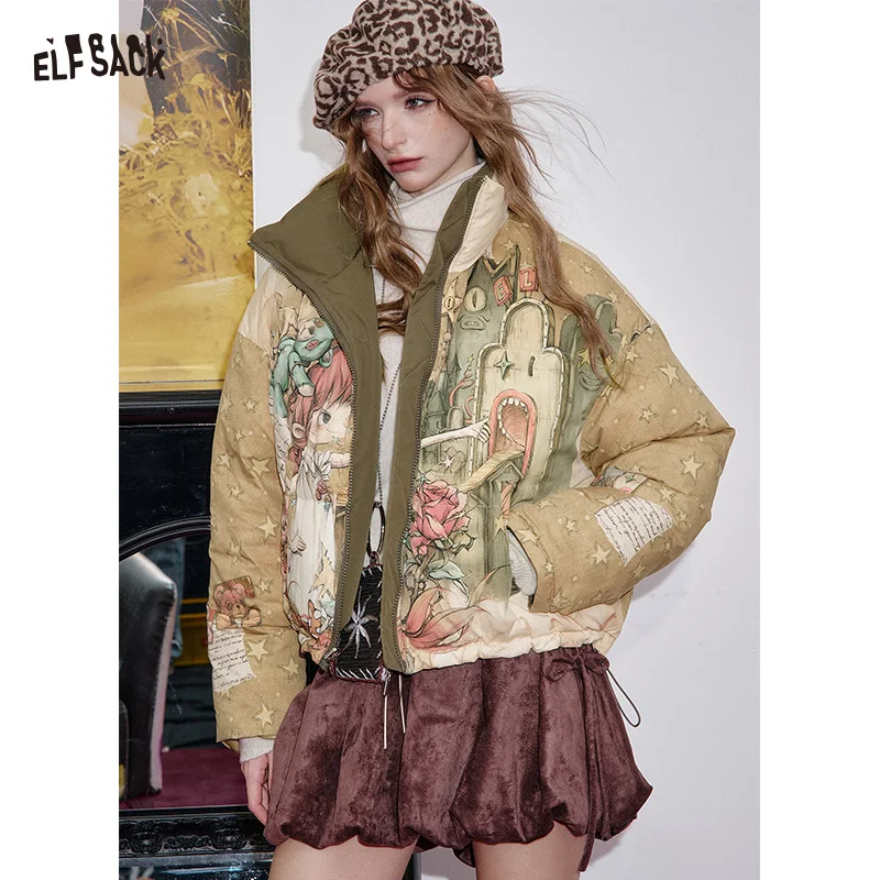 ELFSACK 2025 Winter New Arrivals Casual Reversible Cartoon All Over Print Down Jacket For Woman