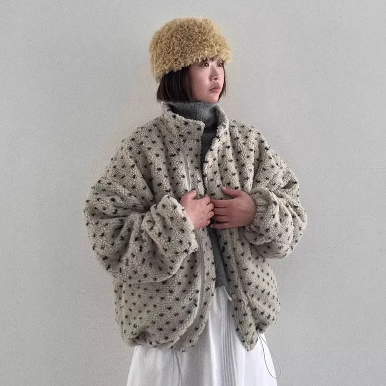 Retro óleo seul zíper coração bolinhas fce leve casaco quente gola senhoras outerwear thiened longo sve casaco