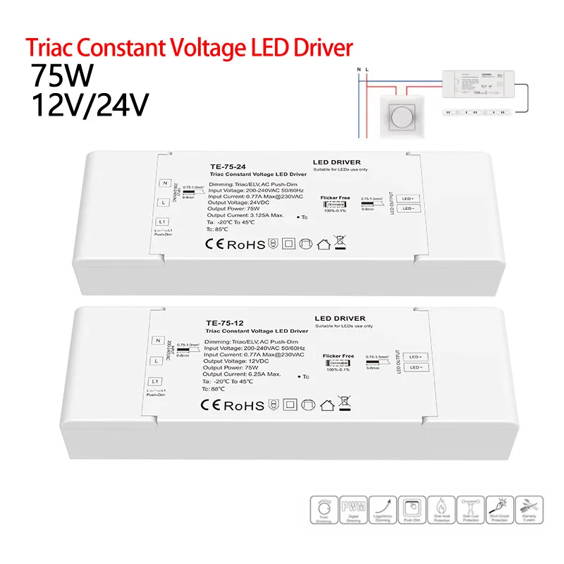 75 Вт, 12 В/24 В, триак, постоянное напряжение, светодиодный драйвер с регулируемой яркостью, ELV/AC, Push-dim, ШИМ, цифровое затемнение, безопасная защита для внутреннего светодиодного освещения
