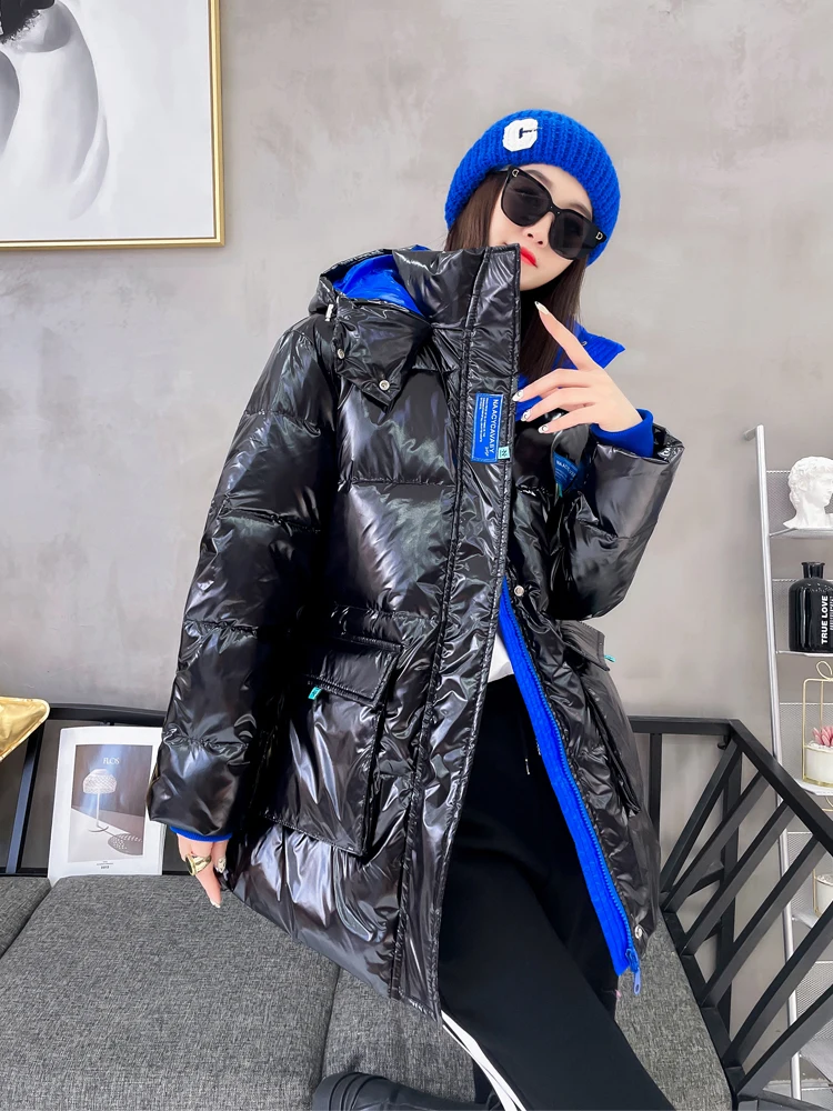 Winter Hooded Parkas Print Jackets Overszied Cotton Padded Coats Glossy Windbreak Waterproof Female Thick Outerwear