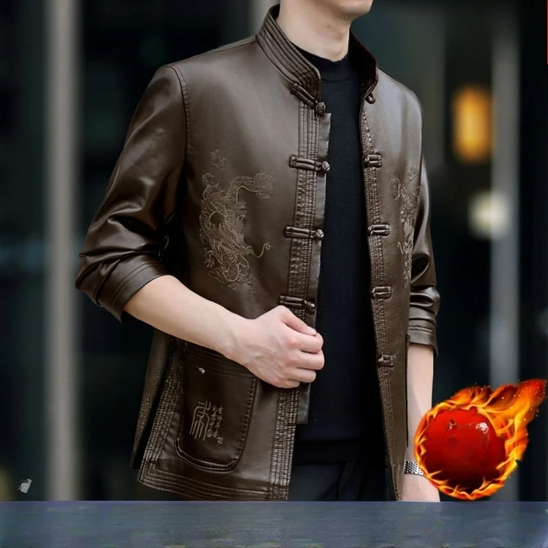 

Мужская тонкая куртка из телячьей кожи в китайском стиле, зимняя бархатная утолщенная куртка из натуральной кожи в китайском стиле, мужская кожаная куртка