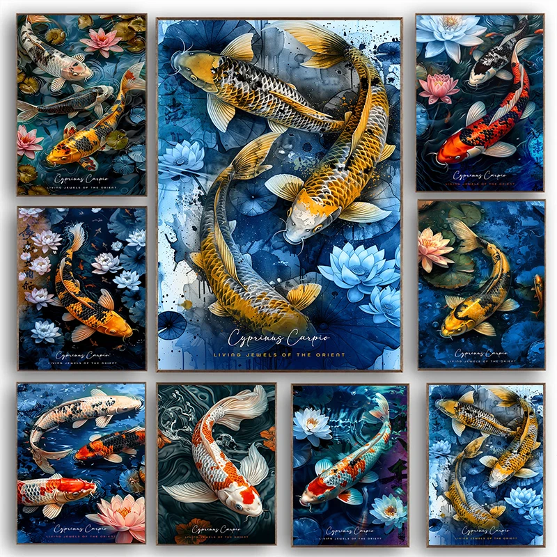 

Ретро-постер в китайском стиле: Красный карп кои, каллиграфия, алмазная живопись, цветы лотоса. Настенный декор для дома.