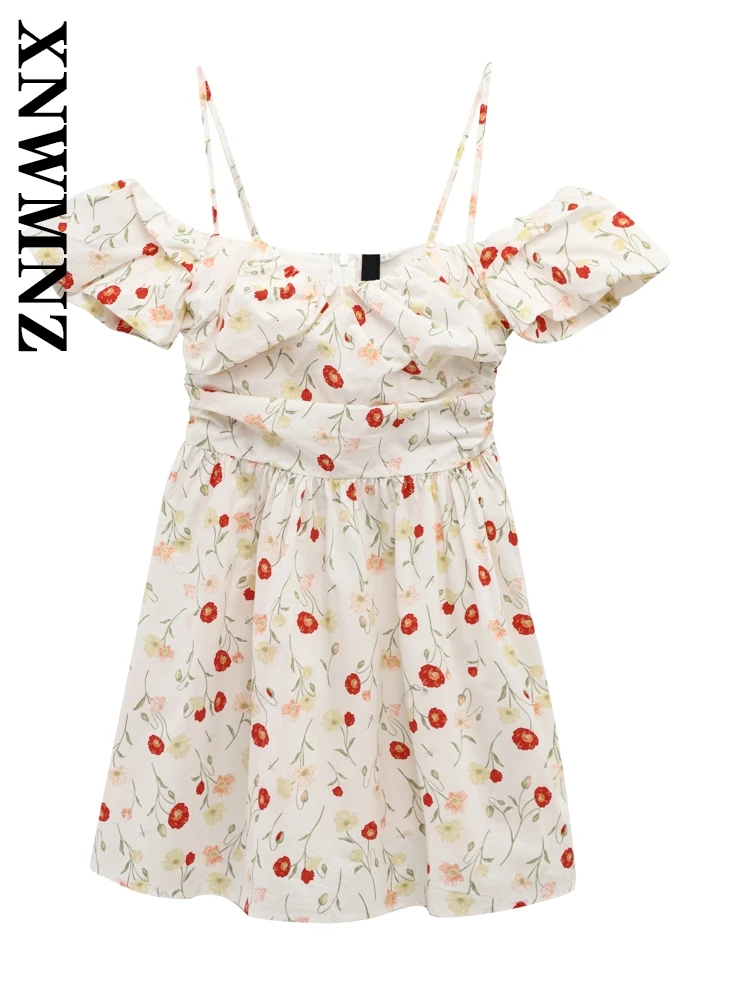 

XNWMNZ 2025 Summer New Female Hipster Sleeveless Slip dress Top Glamorous Woman Shoulder Mini Skirt Print zipper Dresses Bowknot