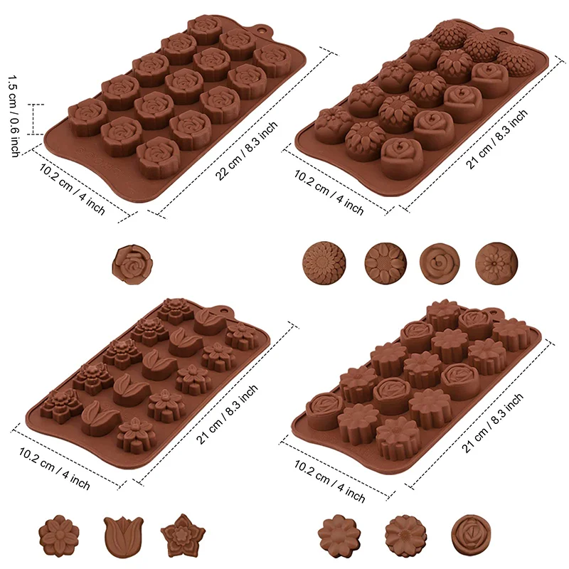 4Pcs Chocolate Molds Set Rose Flower Heart Chocolate Mould Waffle Candy Ice Cube Jelly Handmade Soap Cake Decoration Baking Mold