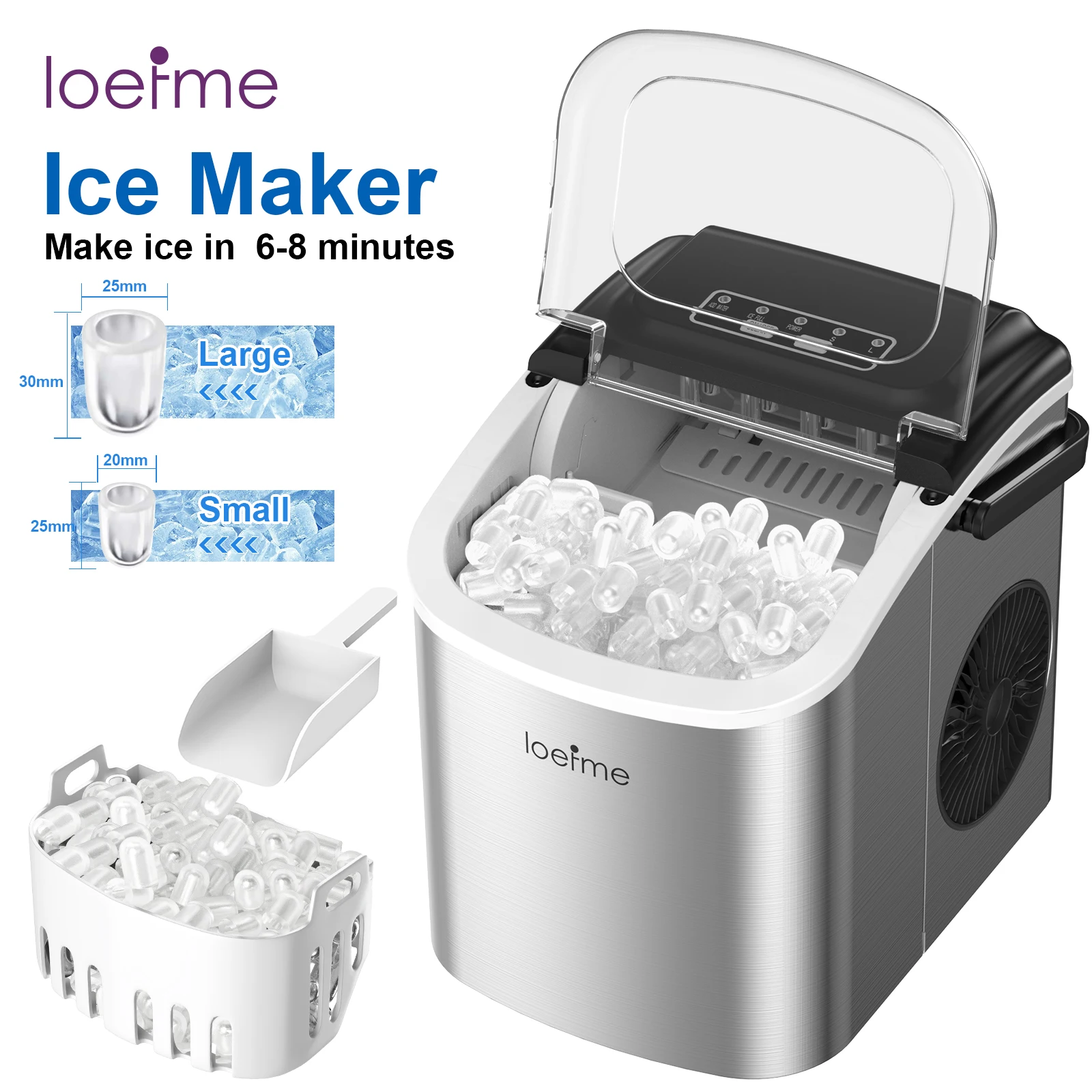LOEFME 12kg/24h Tisch-Eisbereiter, schnelle Eismaschine, 2 Größen Eiswürfel, tragbarer Eisbereiter mit Schaufel und Korb für Zuhause, Küche, Outdoor