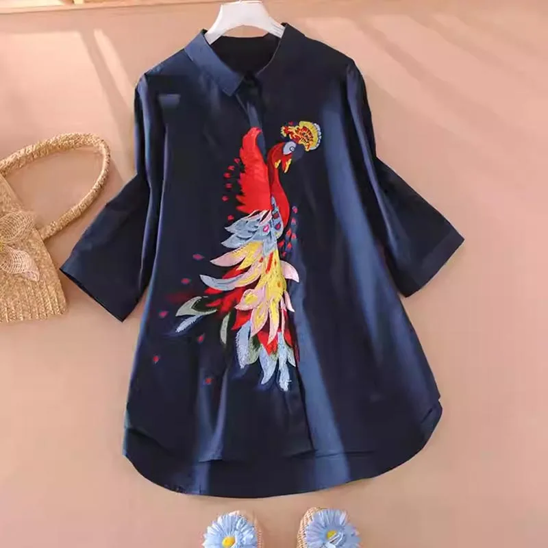 2026 Womens Fashion Embroidery Flower Lantern Sleeve Loose Casual Korea Design V-Neck Cotton Shirt Womens Summer Tops