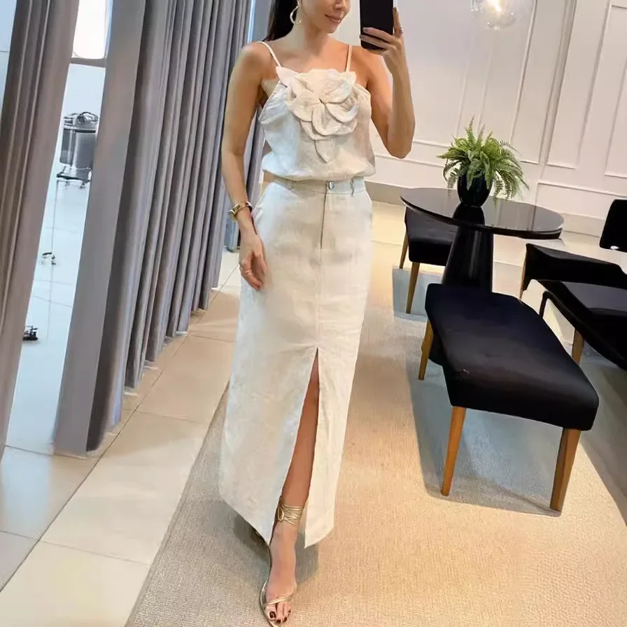 

Women Elegant Top Skirt Set Sexy Suspenders Applique Vest Sleeveless New Female Slim Cotton Linen Spring Summer Dress Sets