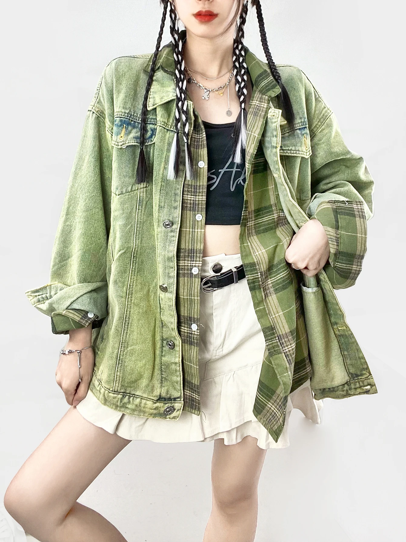 REDDACHiC Avocado Green Women Denim Jacket Oversize Skater Long Sleeves Shirt Coat Acubi Fashion Grunge Y2k 90s Vintage Outwear