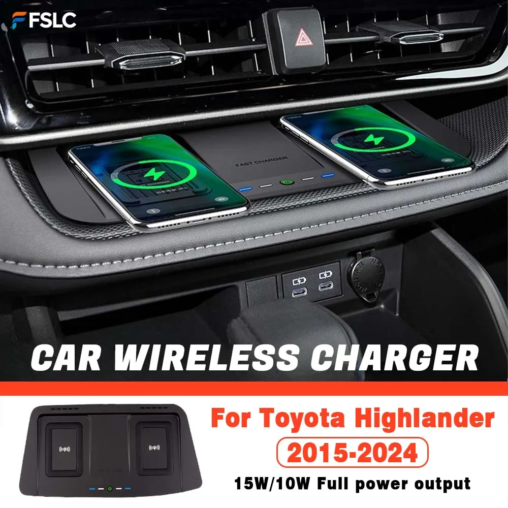 

⭐ Оригинальный ⭐ Беспроводное зарядное устройство для автомобиля Toyota Highlander 2015-2024, прямое подключение, двойная беспроводная быстрая зарядка, аксессуары