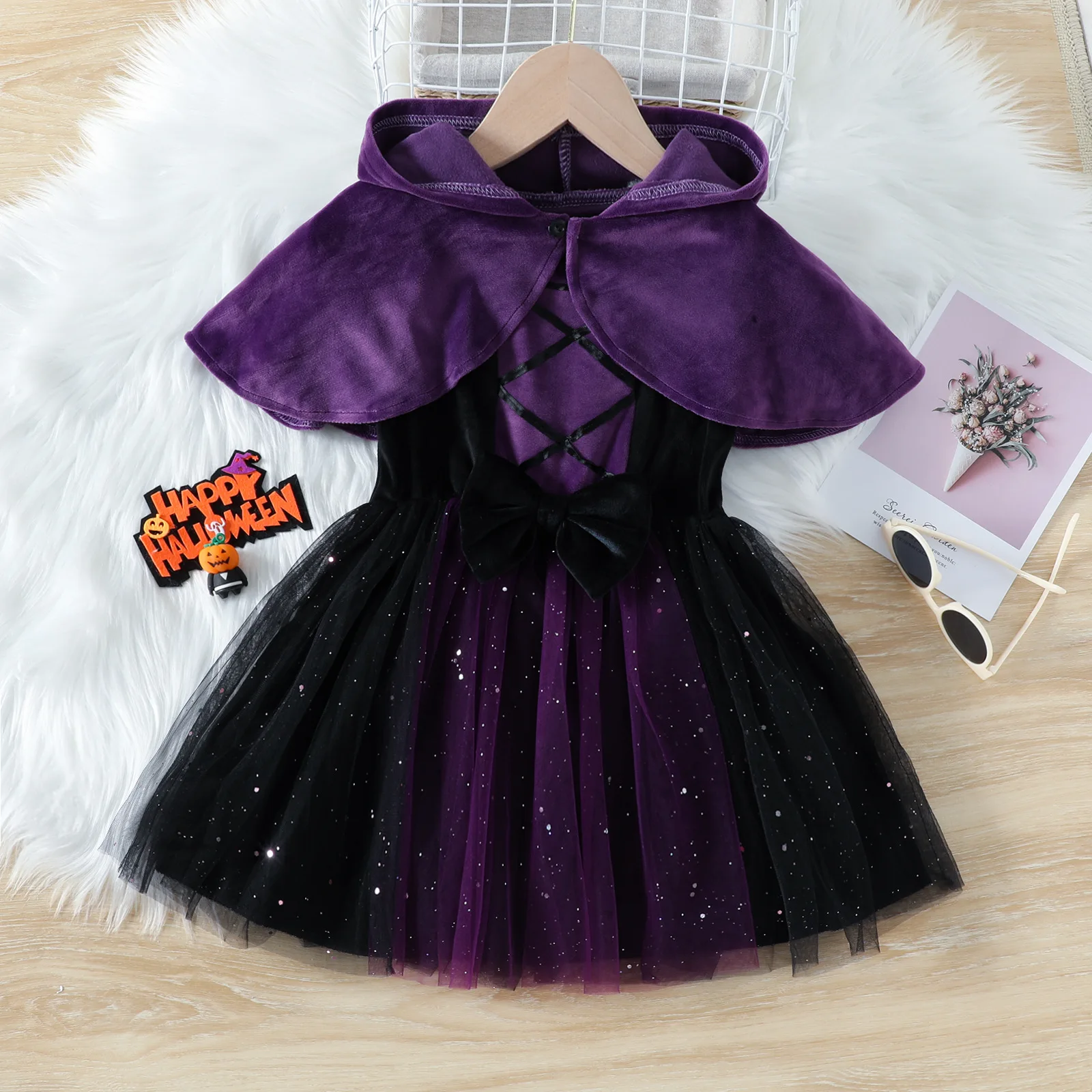 

Halloween Magic Witch Costumes baby children's clothing School performance fleece purple hooded cape Sleeveless tutu dress