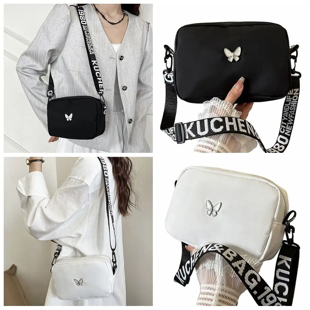 Gift Nylon Shoulder Bag Butterly Black&white Crossbody Bag Trend Wide Belt Messenger Bag