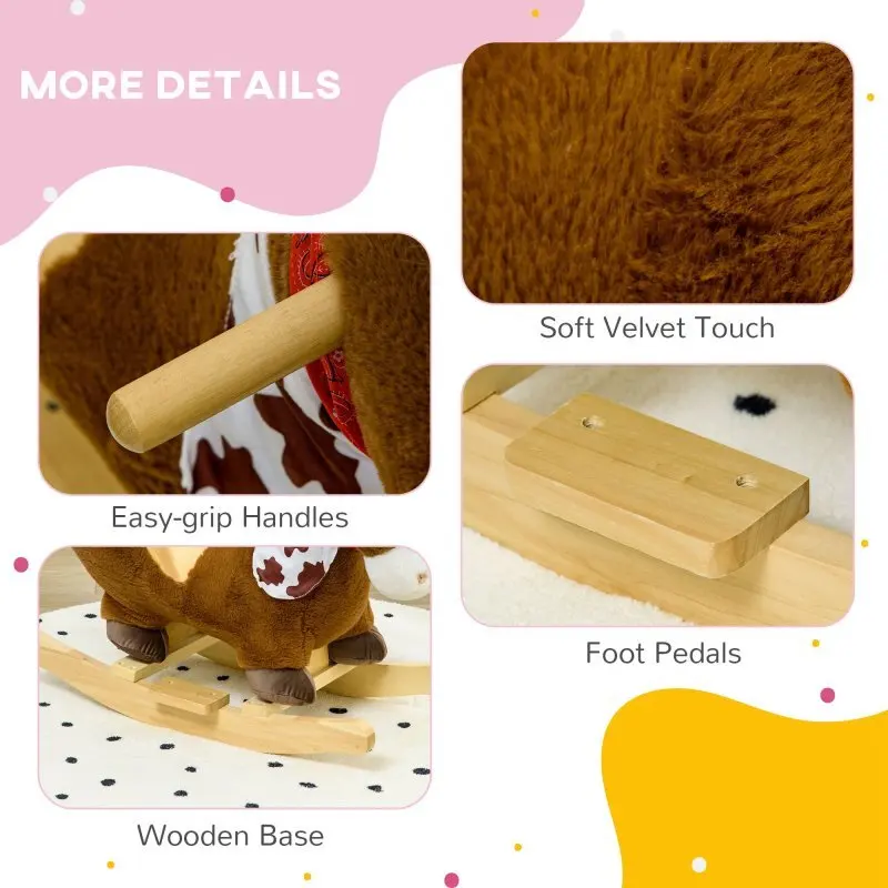 Baby Plush Animal Rocker Horse Brown Realistic Sound Pedals for 18 36 Months Sturdy Soft Ideal Toddler Indoor Play Gift