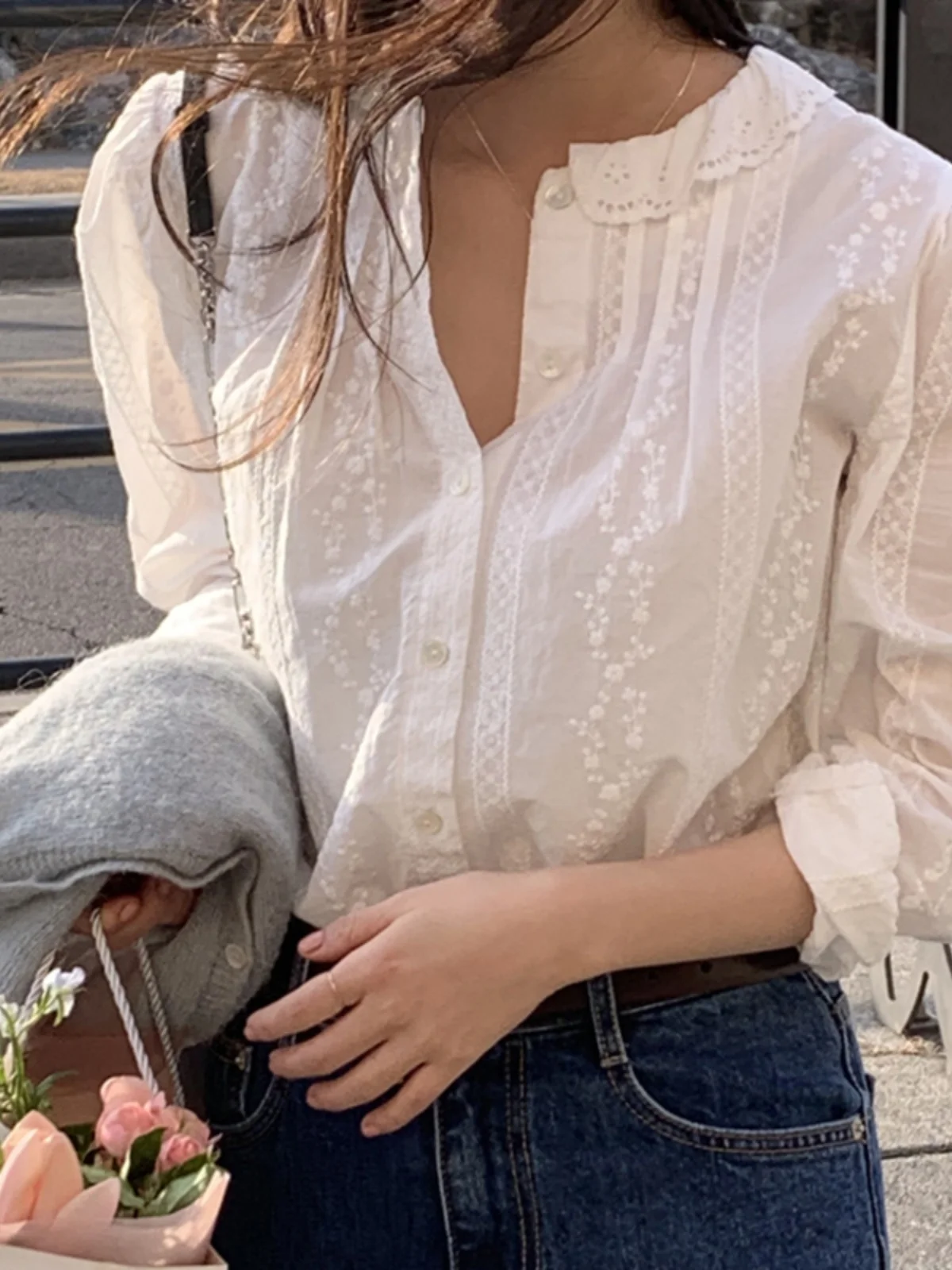 

Корейский Sle с кружевной отделкой Bubble Sve round Ne irt, женский летний новый нежный топ, осенний верхняя одежда, повседневная мода