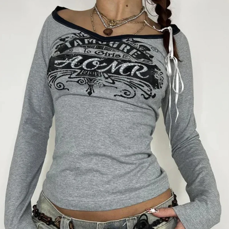 

Европейский и американский винтажный модный стиль, винтажный дизайн, футболка Y2K с длинными рукавами для весны и осени, в стиле high street.