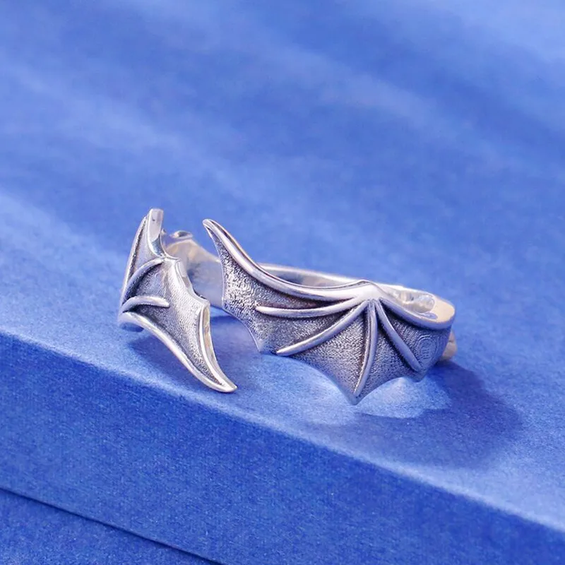 

925 Sterling Silver Irregular Bat Wings Retro Rings for Women Men Adjustable Antique Personality Halloween Vintage Jewelry