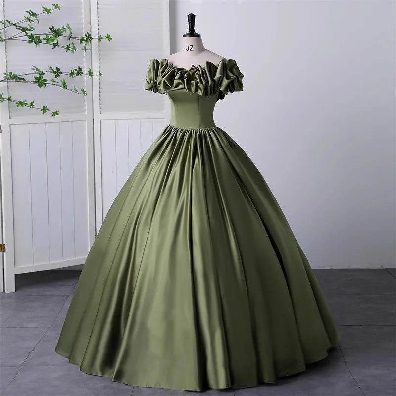 Plus Size Satin Short Sleeves Ruffle Army Green Color Elegant Cocktail Dresses Robe Coktail Femme Longue Ball Gowns