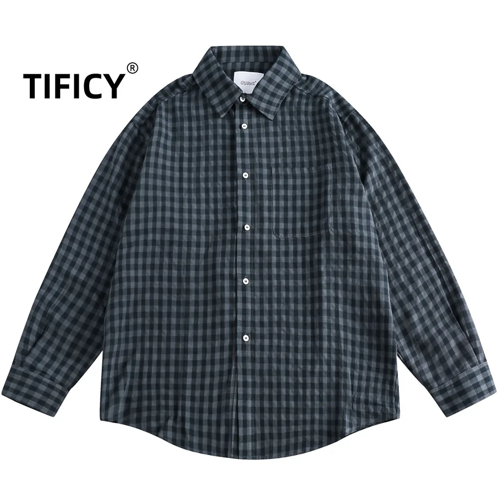 

High Street Cotton Workwear Shirt Men's Casual Japanese Silhouette Retro Plaid Long Sleeved Shirts Tops Streetwear Loose Jacket