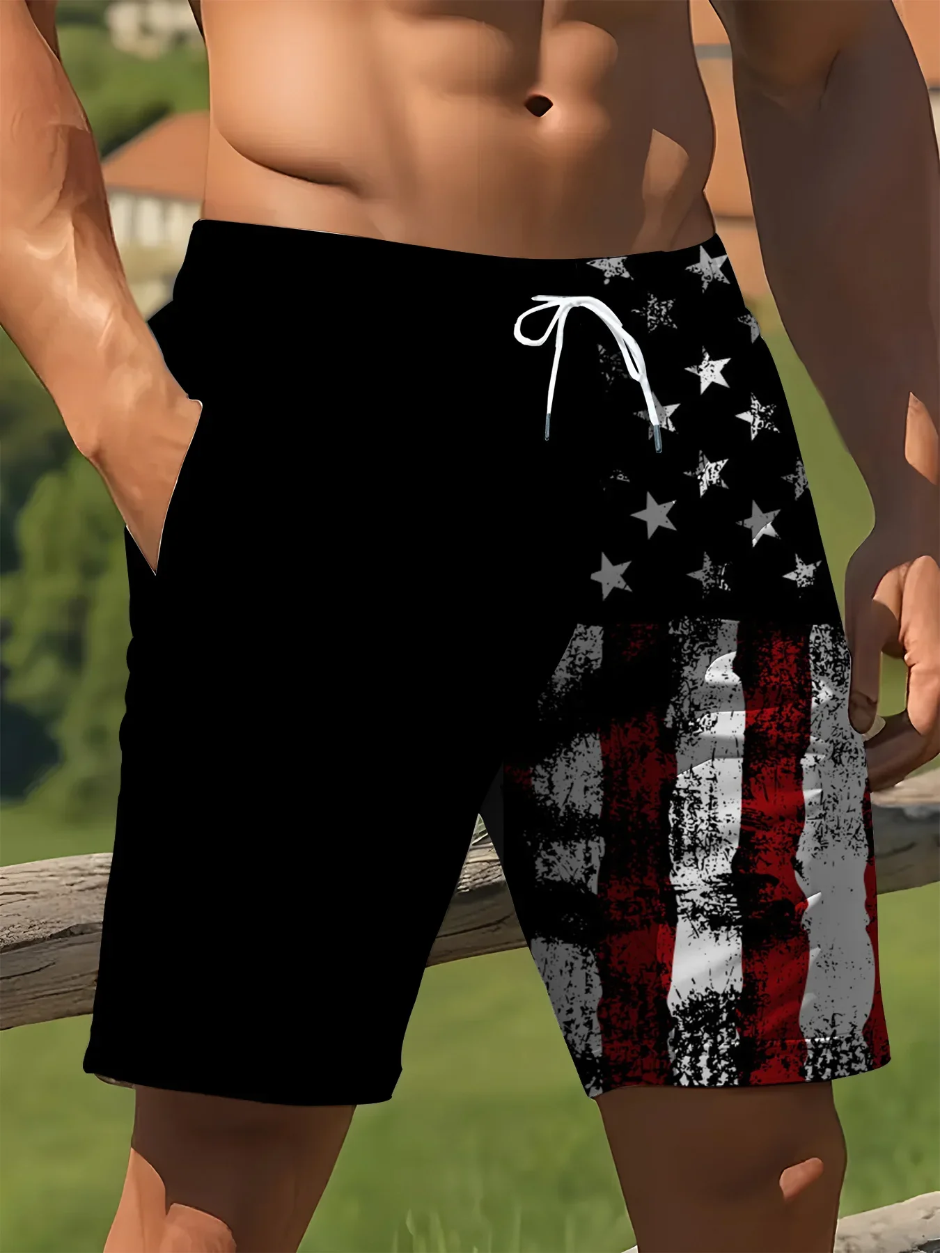 Hot Selling Men Hawaii Beach Shorts Vintage Distressed US Flag Splice Print Broad Elastic Waist Anti-Crease Rapid Dry SwimTrunks