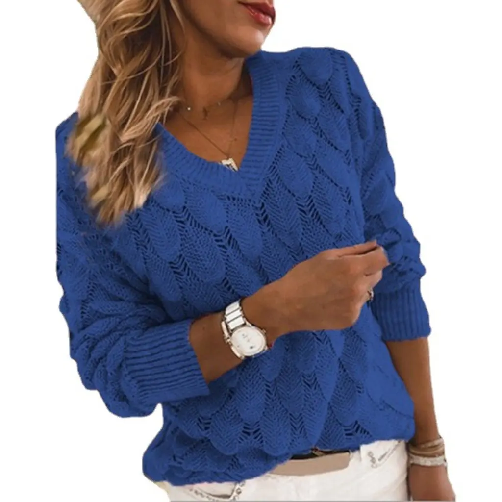 

Women's V-Neck Long Sleeve Sweater European American Style Knitted Feather Hollow Design Winter Warm Fashionable Top