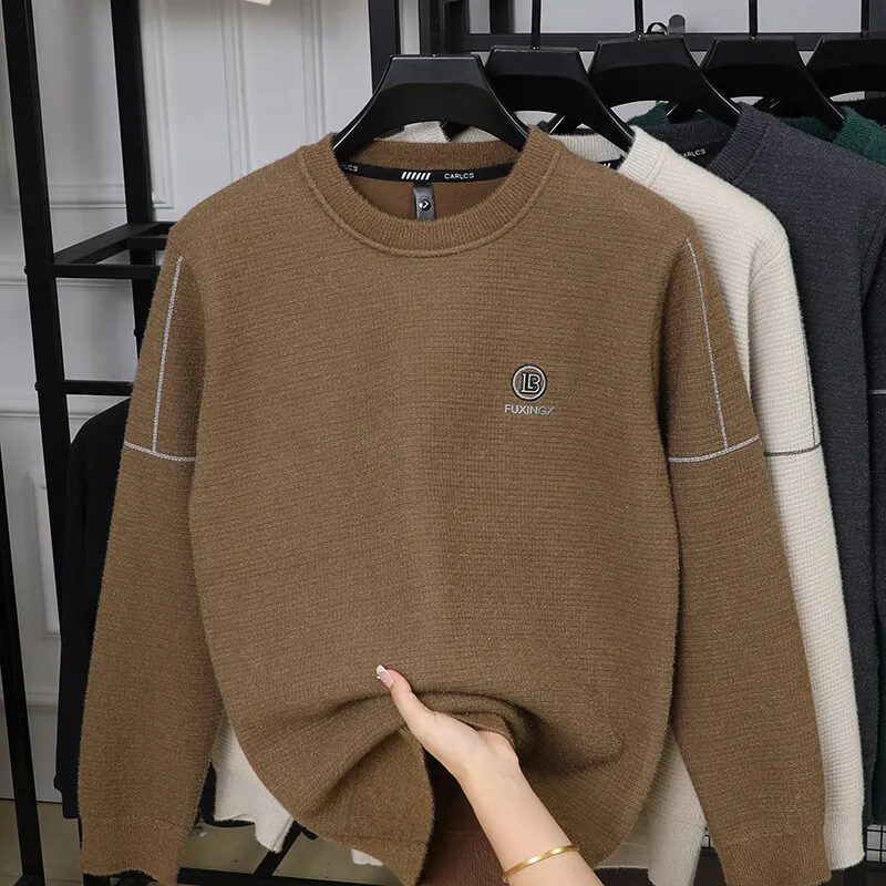 

2024 Winter Solid Color Knitted Sweater Men Thick Warm Casual Round Neck Knitting Pullover Social Streetwear Knitwear Sweaters