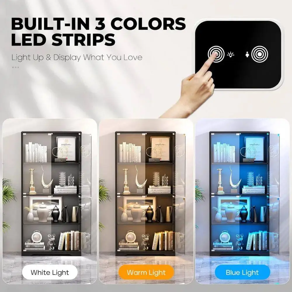 3 Colors Glass Door Display Cabinet Transparent Dustproof Storage Cabinet Durable Multipurpose Home Book Toy Display Shelf