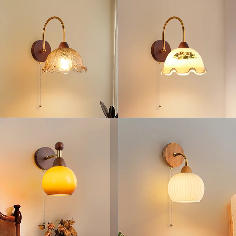 

Rope switch wall lamp creative antique bedroom bedside corridor aisle staircase wall lamp Nordic log wall lamp