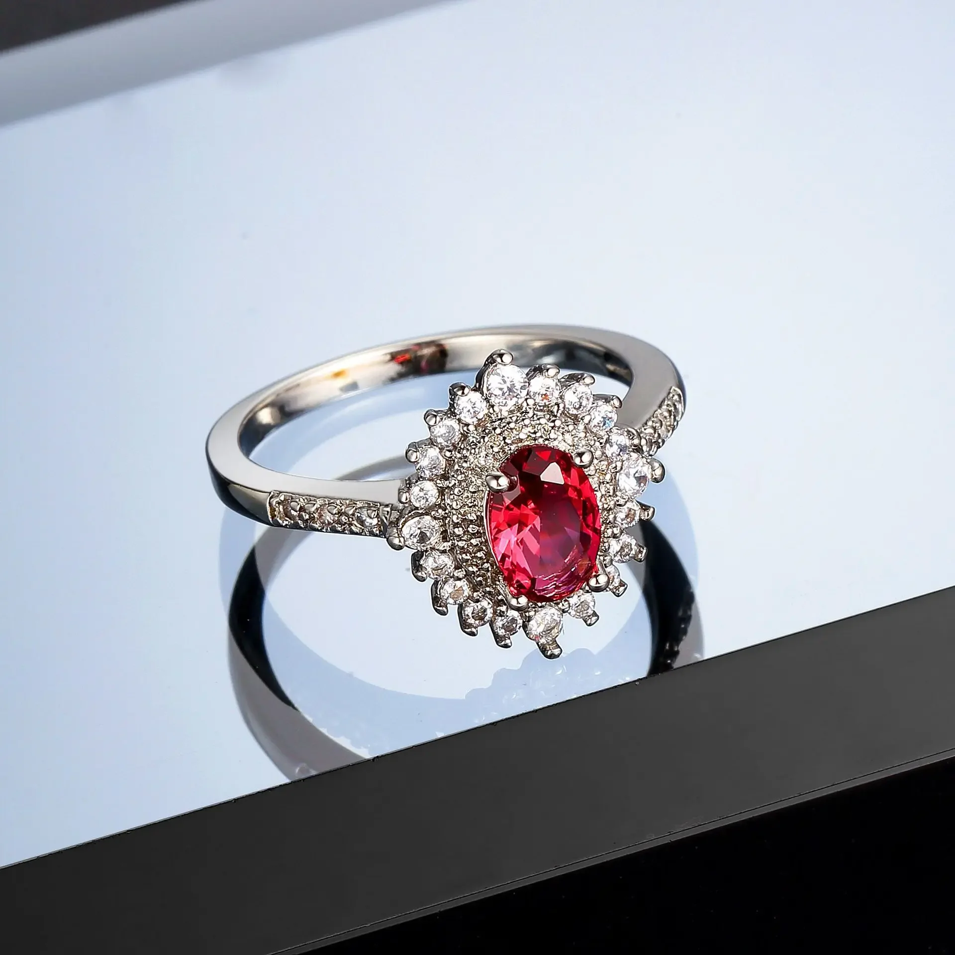 

Классическое женское кольцо с цветком, стерлинговое серебро 925 пробы, круглый красный кристалл, циркон, кольцо с камнем, обещание, обручальные кольца для женщин, ювелирные изделия Bague