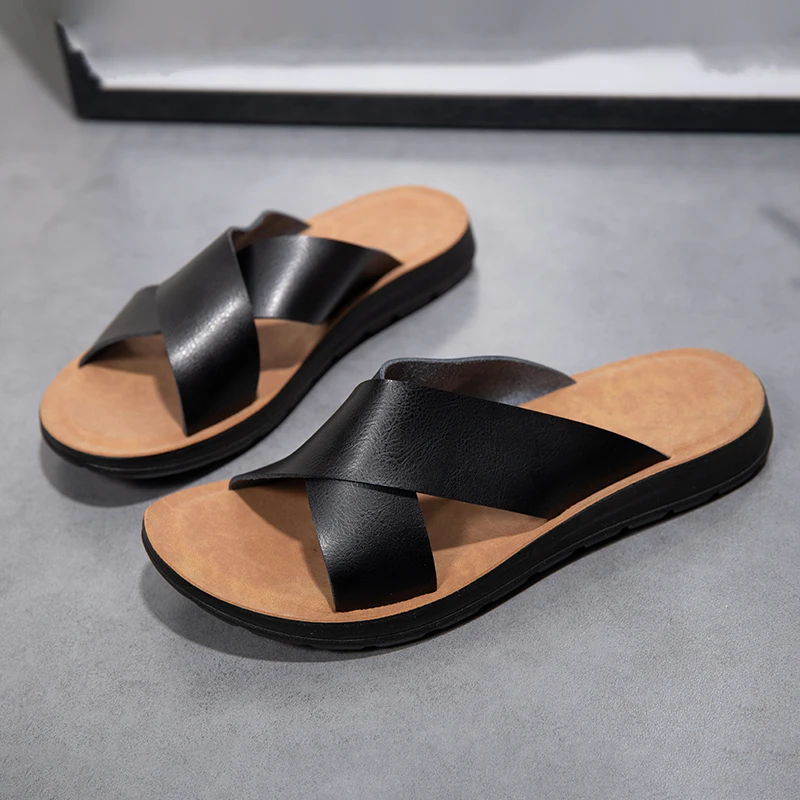 Men Leather Slippers Palm Cross Slides Casual Outdoor Summer Italian Designer Classic Brown Black 2023New Summer Casual Slippers