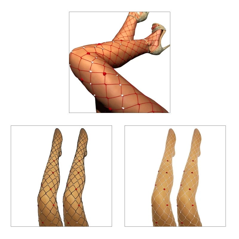 Women Sexy Diamond Fishnet Tights Red Love Heart Dot for Rhinestone Mesh Pantyho Drop Shipping