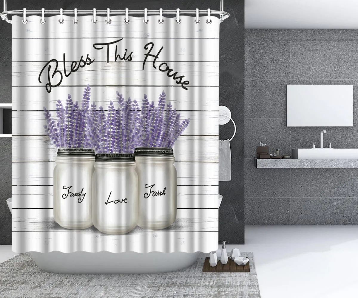 Bless This House Lavender Mason Jar Shower Curtain Machine Washable All Season Waterproof Privacy Protection Durable materials