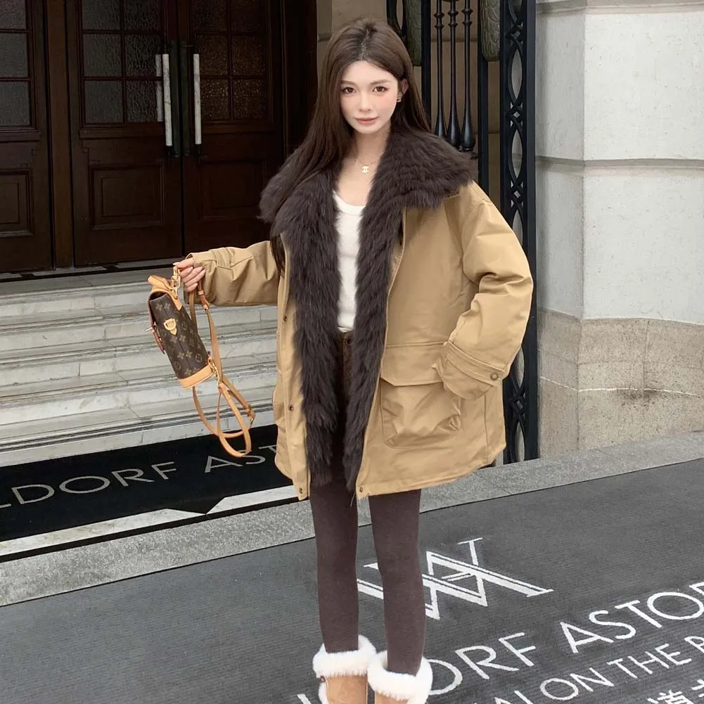 Winter Weibliche Straße Tragen Dicke Jacken Mit Kapuze Chic Casual Plüsch Frauen fuchs pelz kragen gänsedaunen pelzmantel