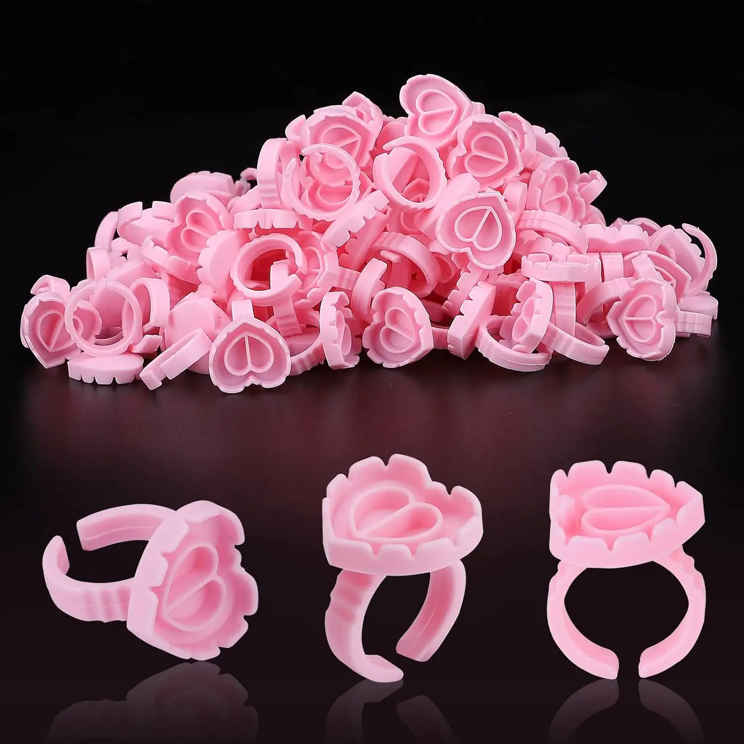 100 Uds. Anillo de pegamento de plástico desechable en forma de corazón, taza para extensión de pestañas, soporte para pigmento de tatuaje, paleta, suministros de maquillaje para pestañas, herramientas
