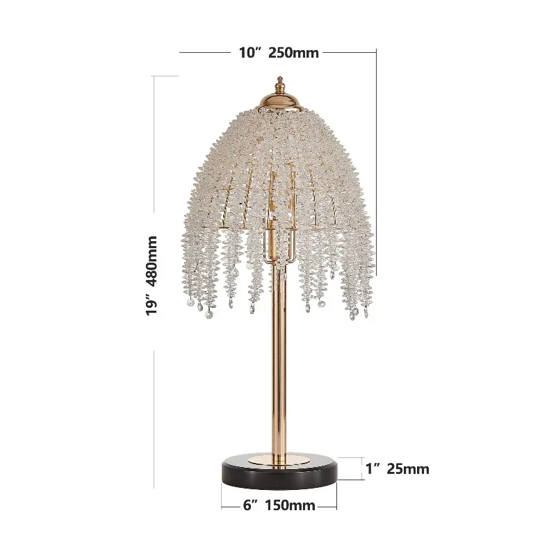 19-Inch gold crystal table lamp elegant bedside table modern wind lamp suitable for living room and bedroom
