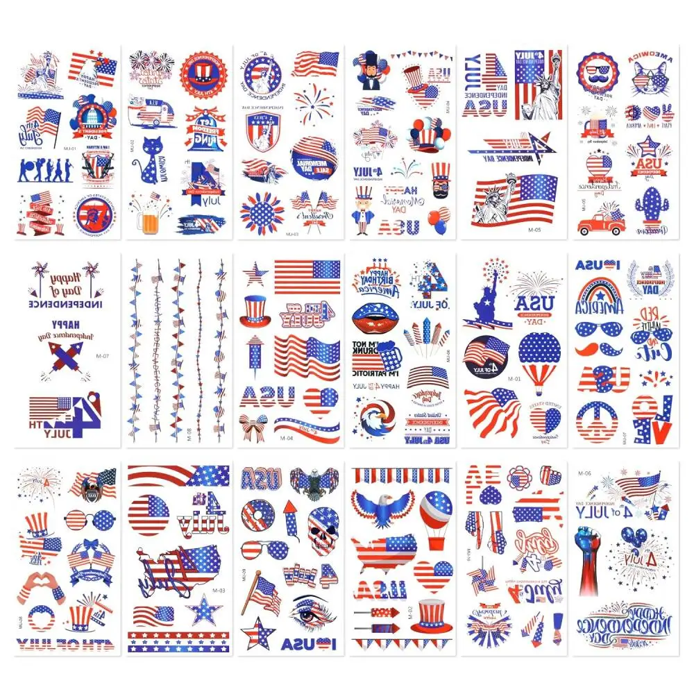 10 Sheets 4th of July Temporary Tattoos, USA Independence Day Tattoo Stickers Waterproof Fourth of July Body Art Tattoo Stickers