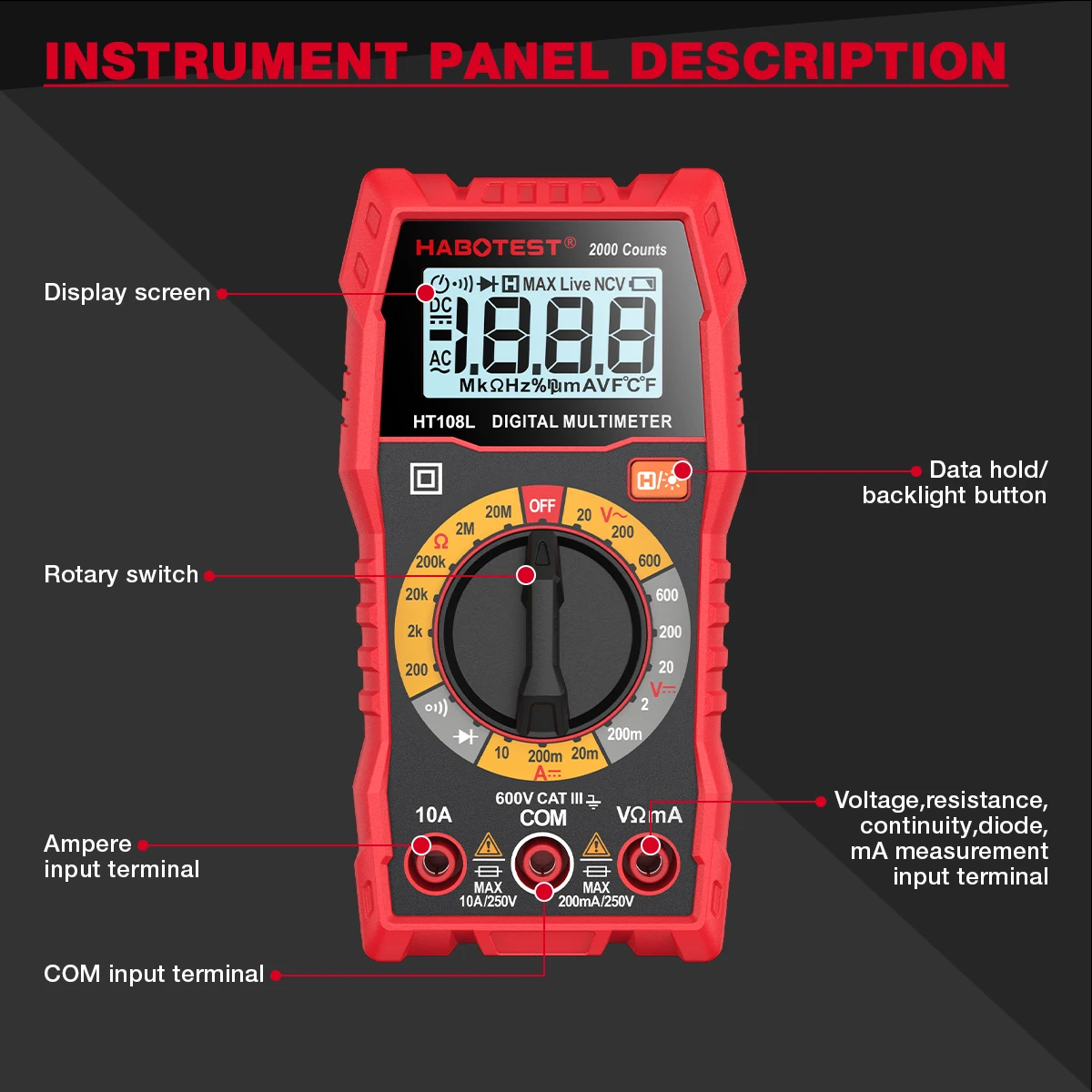 HABOTEST HT108L Digital Multimeter True-RMS 600V 10A AC DC Voltmeter Ammeter Multimetro Digital Multimeter Testers