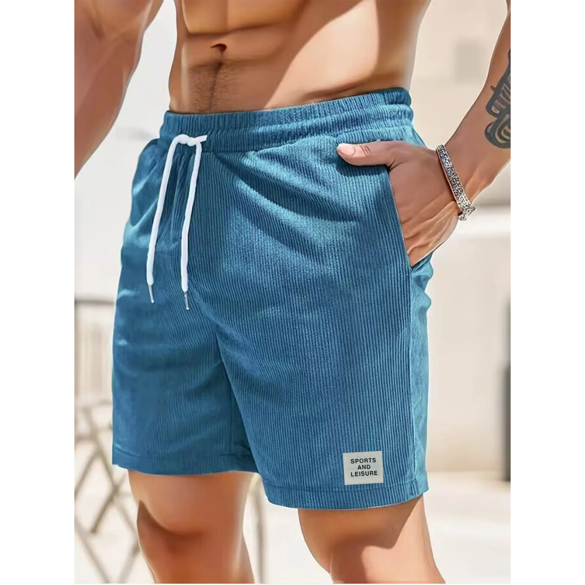 2024 summer new solid color lace-up sweatpants corduroy simple quarter shorts men\'s shorts casual pants