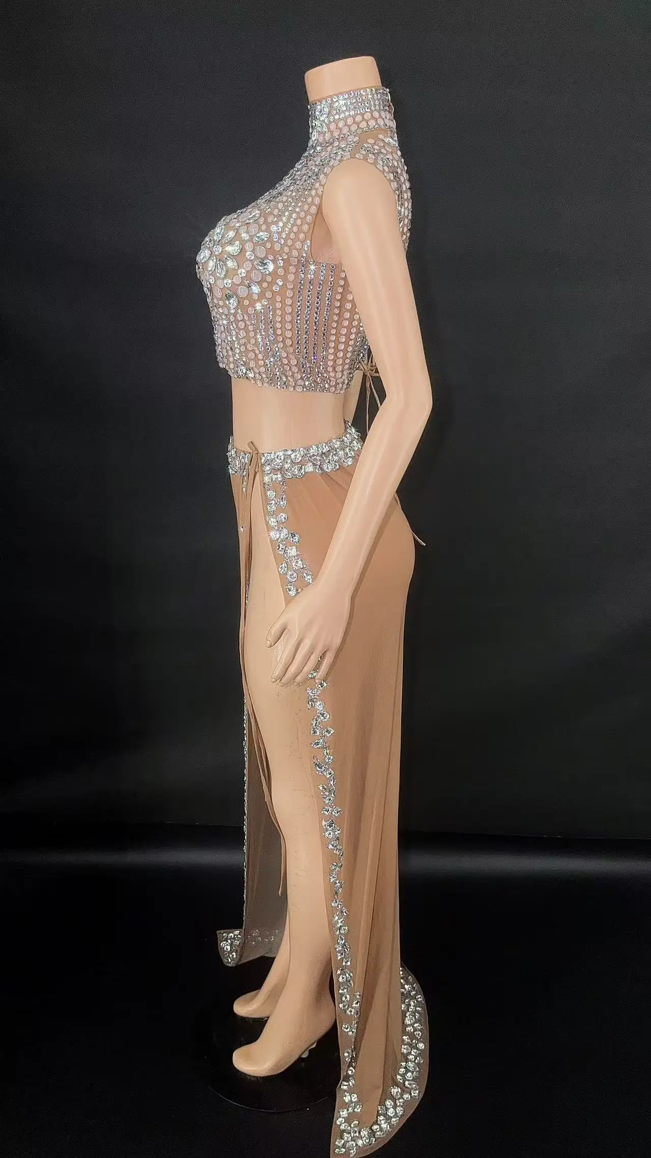 ZD Seksowny, błyszczący, srebrny, zdobiony cyrkoniami top i spódnica, dwuczęściowy zestaw damski na wieczorne przyjęcie, kostium sceniczny do klubu nocnego