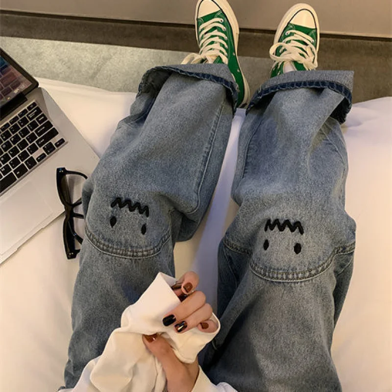 

Women's Vintage Plus Size Jeans High Waist Straight Baggy Fashion Pants Streetwear Harajuku Casual Female Wide Leg Denim Trouser
