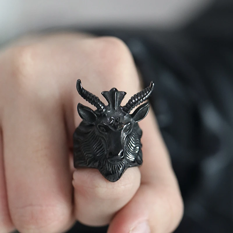 Punk Stainless Steel Goat Rings Men\'s Retro Gothic Lucifer Pentagram Goat Head Skull Ring Fashion Unique Charm Jewelry Wholesale