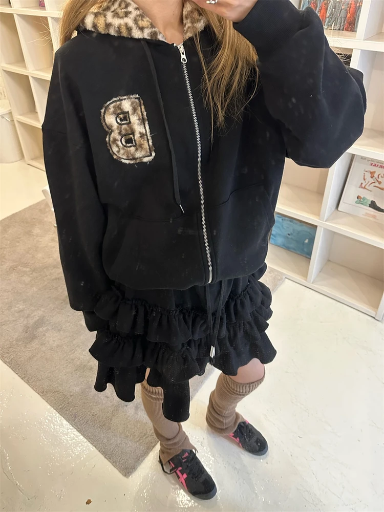 Jaet à capuche imprimé léopard rétro pour femme, manteau décontracté avec fermeture éclair, Patchwork avec lettrage, vêtements d'extérieur d'hiver