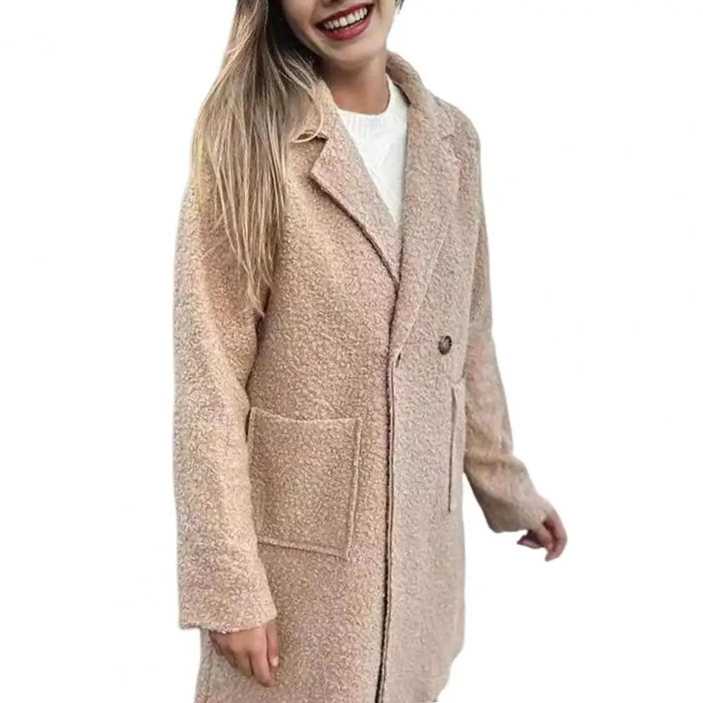 Flattering Figure Coat Elegant Women's Fleece Jacket with Lapel Button Closure Plush Warm Coat for Office Parties Mid-length